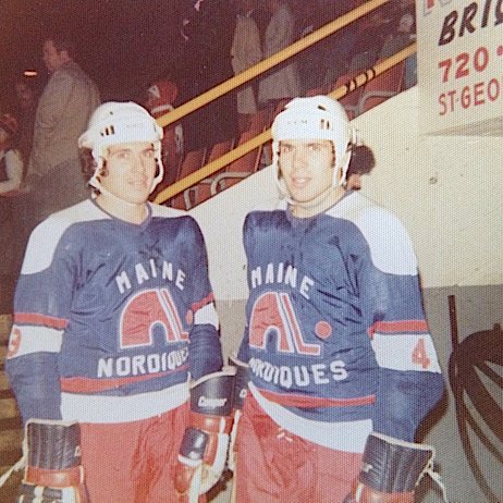 Twin brothers Pierre and Gilles Quintal wearing the Nordiques' road jersey in 1976-77.